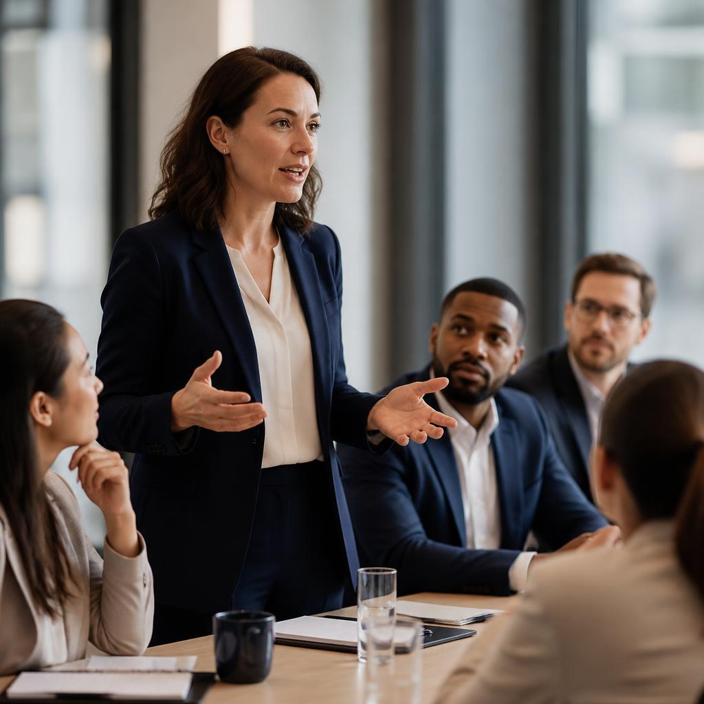 A female executive leader facilitating a discussion with her team